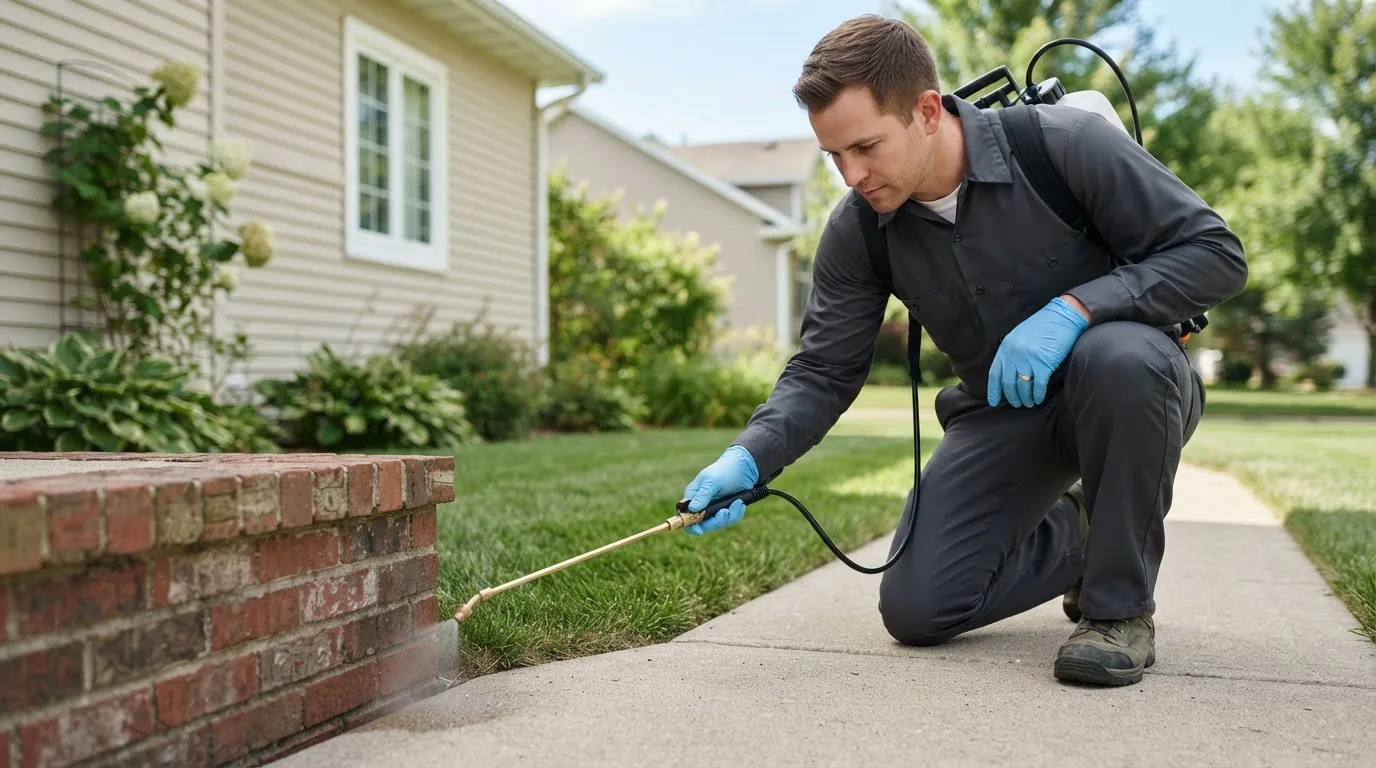 Pest control technician treating a home near Quincy, IN
