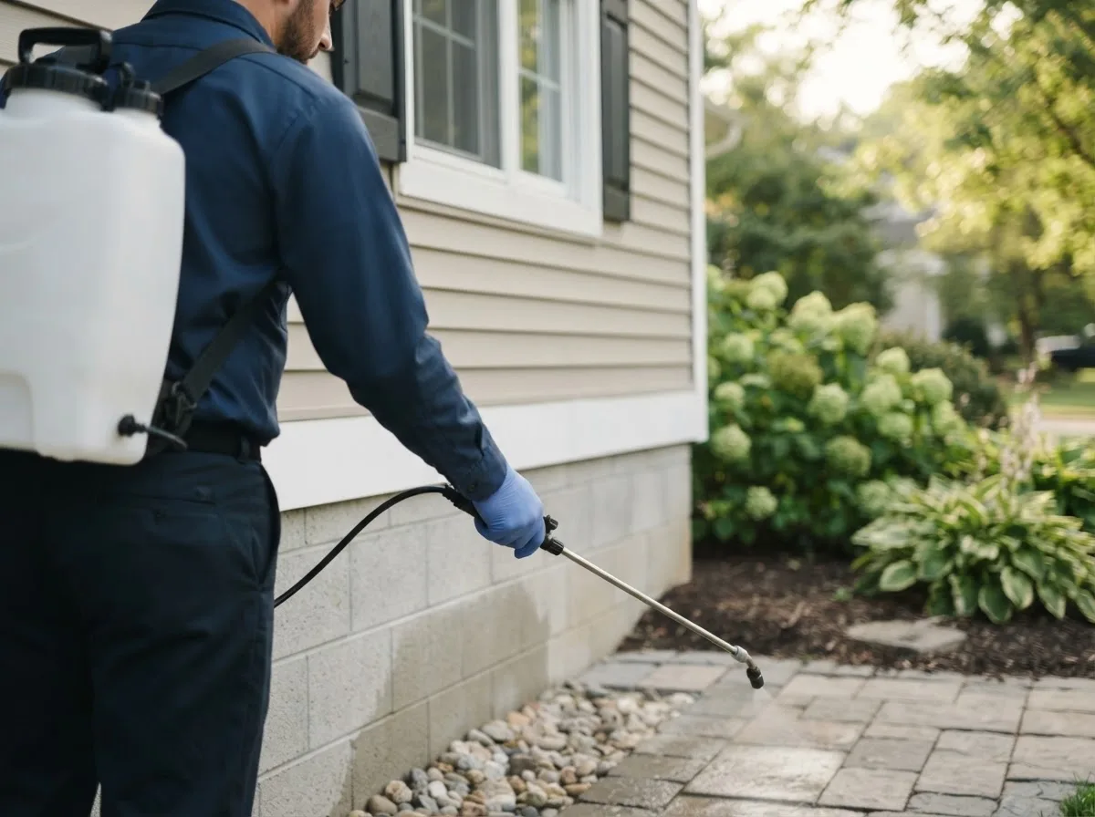 Pest control technician inspecting a home in Quincy, IN